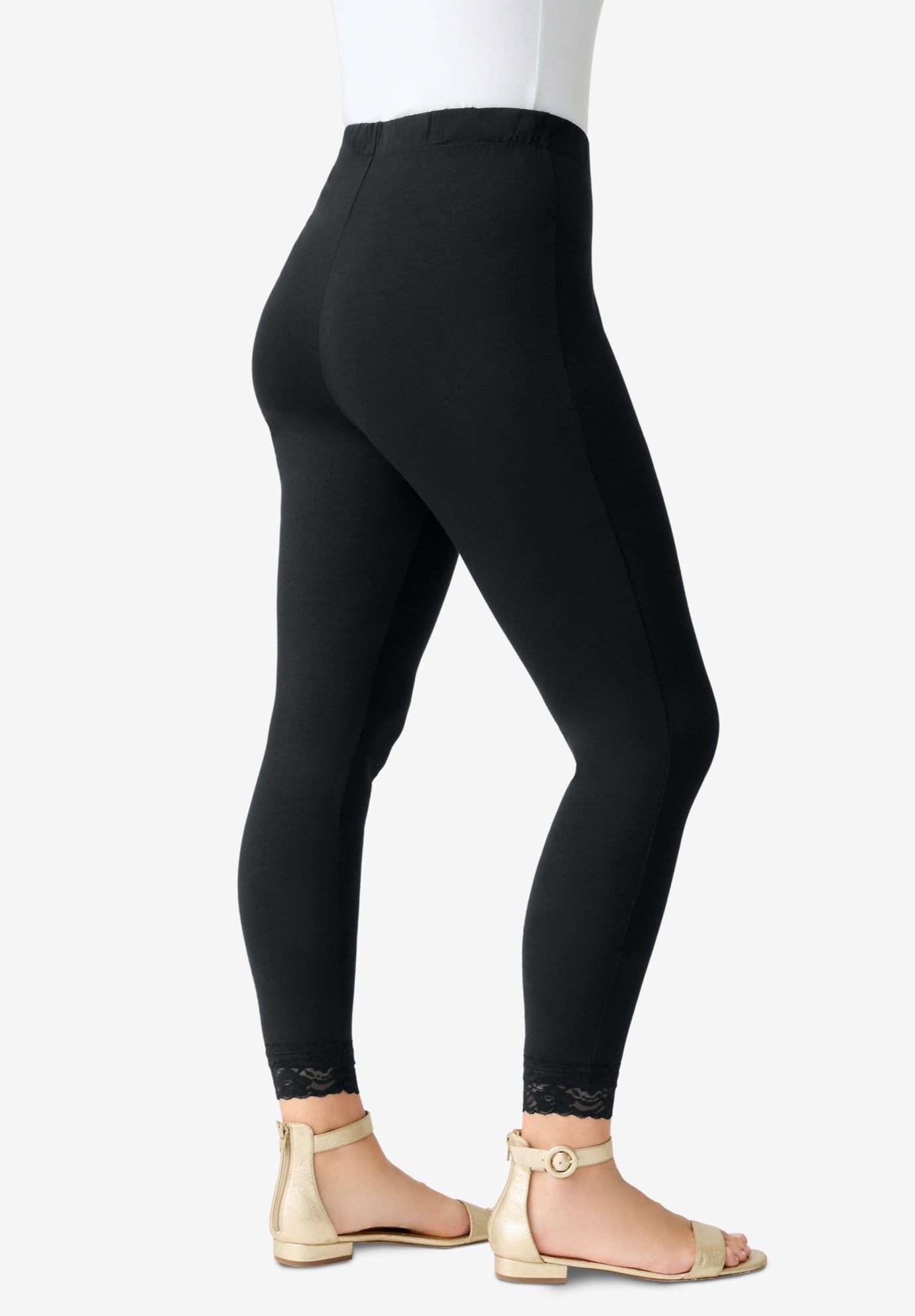Plus Size Women's Lace Trim Essential Stretch Legging by Roaman's in Black (Size 14/16) Activewear Workout Yoga Pants