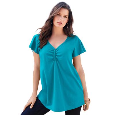 Plus Size Women's Plus Size Cotton Ultimate Flutter Sleeve Sweetheart Tee by Roaman's in Deep Turquoise (Size 18/20) Long T-Shirt Top
