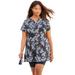 Plus Size Women's Longer Length Short-Sleeve Swim Tunic by Swim 365 in Black White Stencil Floral (Size 20)