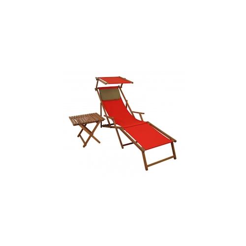Liegestuhl rot Fußteil Sonnendach Kissen Tisch Gartenliege Holz Sonnenliege Buche 10-308FSTKD