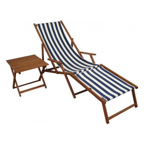 Liegestuhl blau-weiß Sonnenliege Fußteil Tisch Buche dunkel Relaxliege Gartenliege 10-317 F T