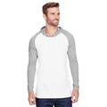 LAT 6917 Men's Hooded Raglan Long Sleeve Fine Jersey T-Shirt in Blended White/Vintage Heather/White size XL | Ringspun Cotton LA6917