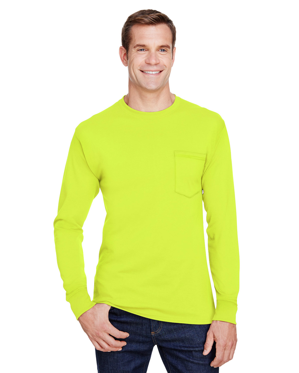 Hanes W120 Adult Workwear Long-Sleeve Pocket T-Shirt in Safety Green size 4XL | Cotton/Polyester Blend