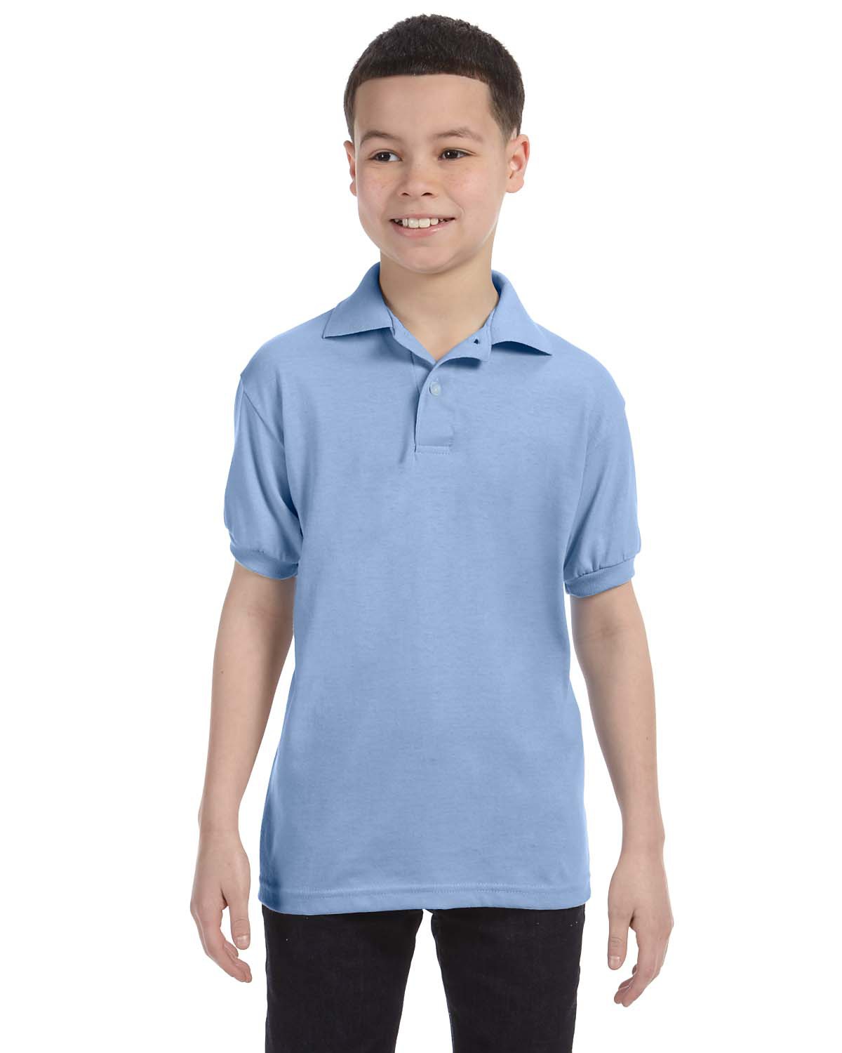 Hanes 054Y Youth EcoSmart Jersey Polo Shirt in Light Blue size XL | Cotton Polyester