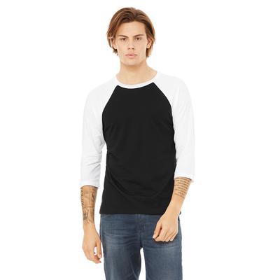 Bella + Canvas 3200 3/4-Sleeve Baseball T-Shirt in Black/White size Medium | Ringspun Cotton B3200, BC3200