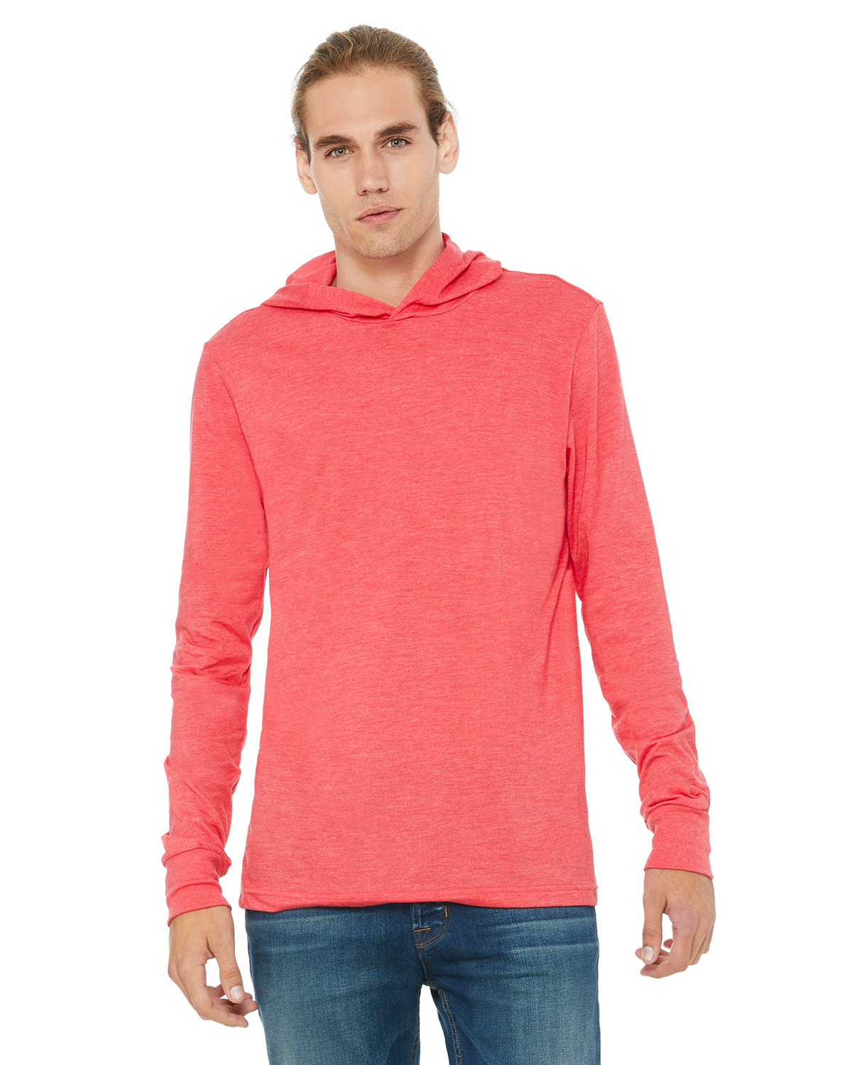 Bella + Canvas 3512 Jersey Long Sleeve Hoodie T-Shirt in Heather Red size Large | Ringspun Cotton B3512, BC3512