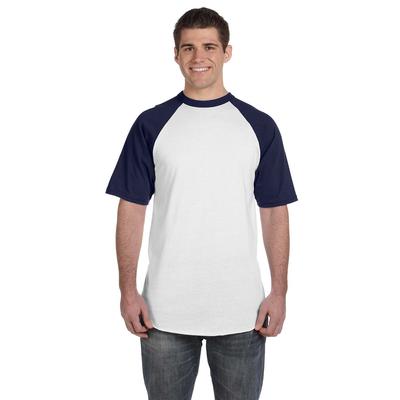 Augusta Sportswear 423 Baseball Short Sleeve Top 2.0 in White/Navy Blue size Small | Cotton Polyester