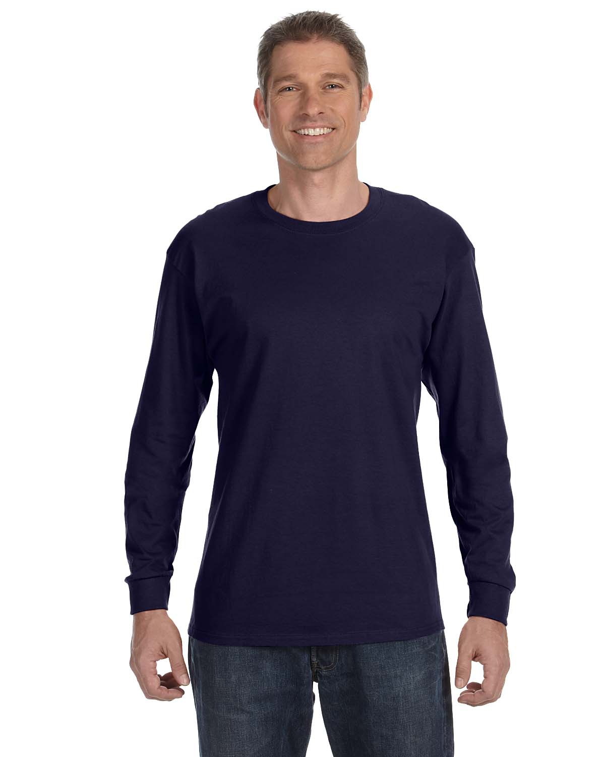 Hanes 5586 Authentic-T Cotton Long Sleeve T-Shirt in Navy Blue size Large