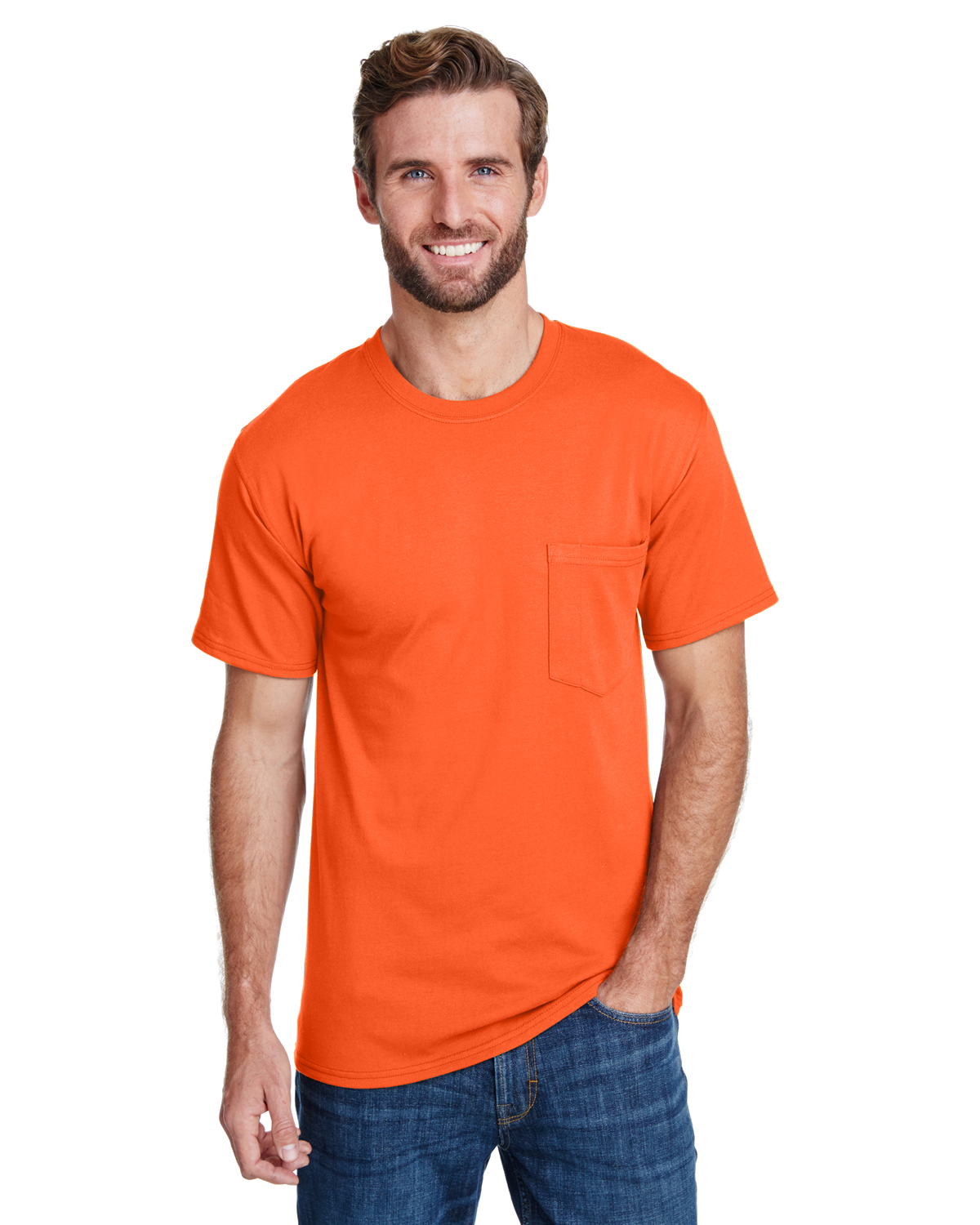 Hanes W110 Adult Workwear Pocket T-Shirt in Safety Orange size Medium | Cotton/Polyester Blend