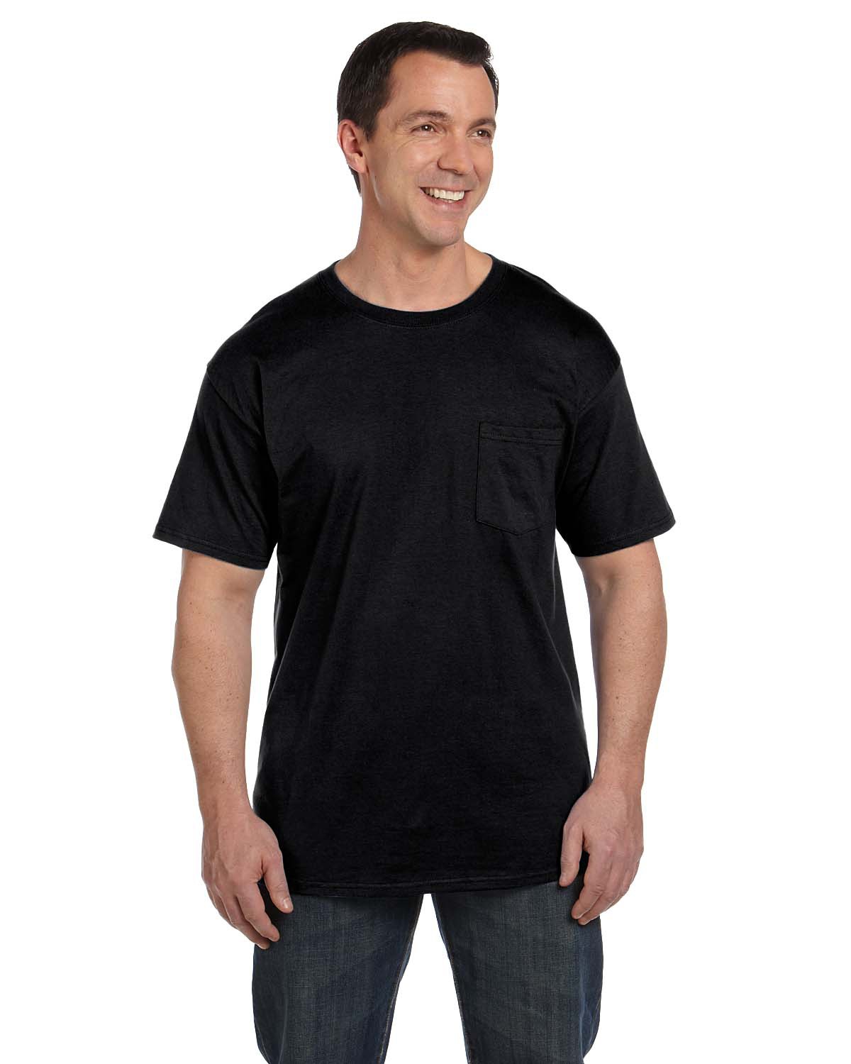 Hanes 5190P Adult Beefy-T-Shirt with Pocket in Black size 3XL | Ringspun Cotton 5190