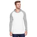 LAT 6917 Men's Hooded Raglan Long Sleeve Fine Jersey T-Shirt in Blended White/Vintage Heather/White size Medium | Ringspun Cotton LA6917