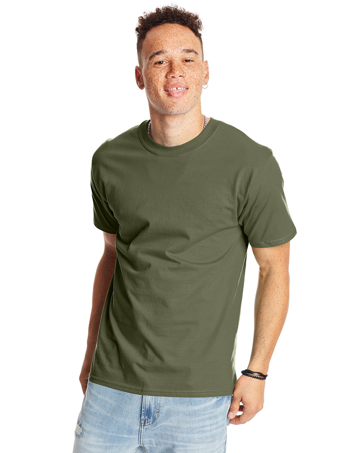 Hanes 5180 Beefy-T-Shirt - Cotton T-Shirt in Fatigue Green size Medium | Ringspun