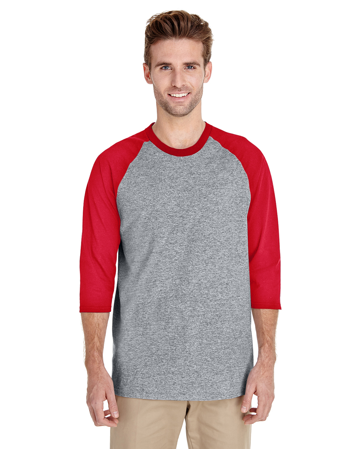 Gildan G570 Heavy Cotton 3/4-Sleeve Raglan T-Shirt in Sport Gray/Red size Large 5700, G5700