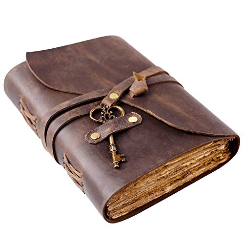"Vintage Leather Journal - Antique Handmade Deckle Edge Vintage Paper Leather Bound Journal - Book of Shadows Journal - Leather Sketchbook - Drawing Journal - Great Gift (Vintage Brown, 11.5""x8.25"")"