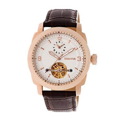Heritor Automatic Helmsley Semi-Skeleton Leather-Band Watch - Rose Gold/White