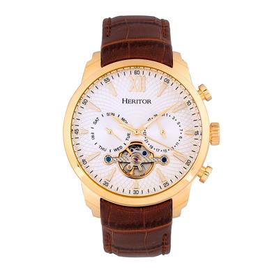 Heritor Automatic Arthur Gold Case, Genuine Brown Leather Watch 45mm - Brown
