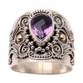 Checkerboard Teardrop,'Ornate Balinese Silver and Amethyst Ring with Gold Accents'