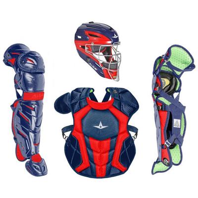 All Star System7 Axis NOCSAE Certified Two Tone Baseball Catcher's Gear Set - Ages 12-16 Navy/Scarlet