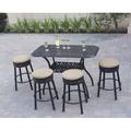 Three Posts™ Coggeshall Backless 5-Piece Patio Round Counter Height Bar Set w/ Cushions & Rectangular Bar Table in Black/Brown | Wayfair