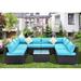 Orren Ellis Mosheim 9 Piece Rattan Sectional Seating Group w/ Cushions Synthetic Wicker/All - Weather Wicker/Wicker/Rattan in Blue | Outdoor Furniture | Wayfair