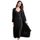 FEOYA Sleepwear Women Satin Nightdress Long Silk Bathrobe 2 Pieces Camisole Pajamas Oblique V-Neck Dressing Gown Black Lingerie Elegant Nightwear Ladies Kimono Bridal L