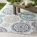 Shonkin 7'3" Square Cottage Teal/White/Taupe/Navy Outdoor Area Rug - Hauteloom