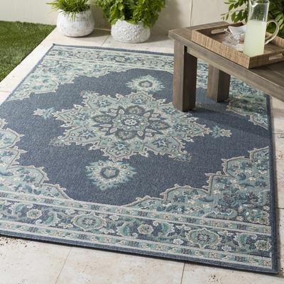 Ferron 8'10" x 12'10" Traditional Taupe/White/Teal/Navy/Pale Blue Outdoor Area Rug - Boutique Rugs