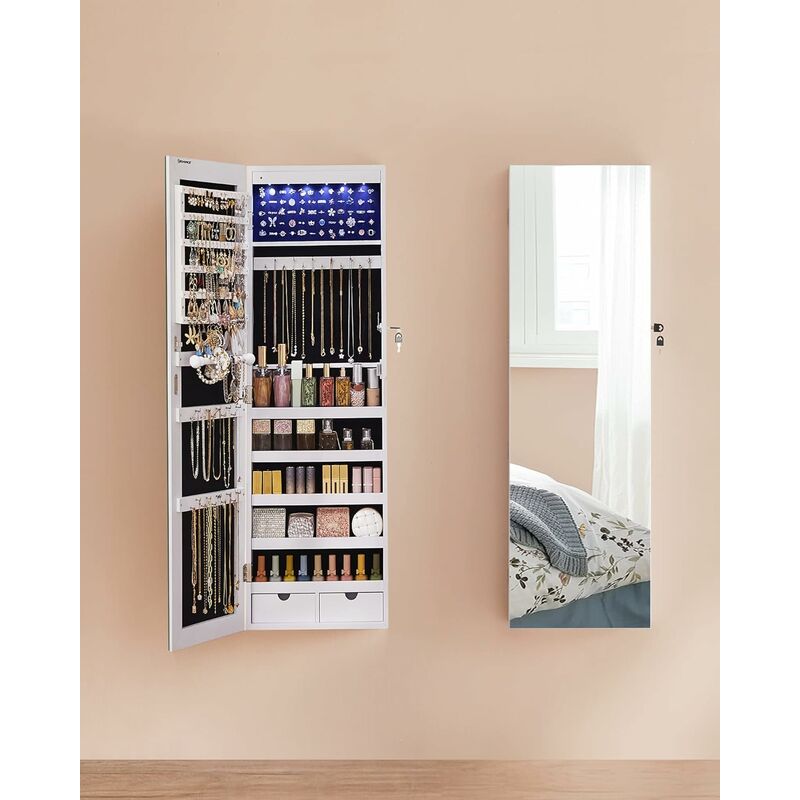 Schmuckschrank hängend, Spiegelschrank mit LED-Innenbeleuchtung, Wandschrank mit Ganzkörperspiegel,