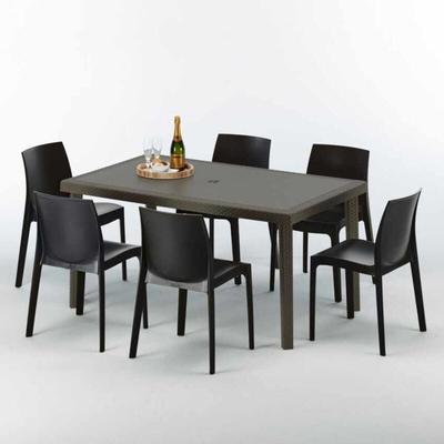 Grand Soleil - Polyrattan Tisch Rechteckig mit 6 Bunten Stühlen 150x90 Braun Focus Image