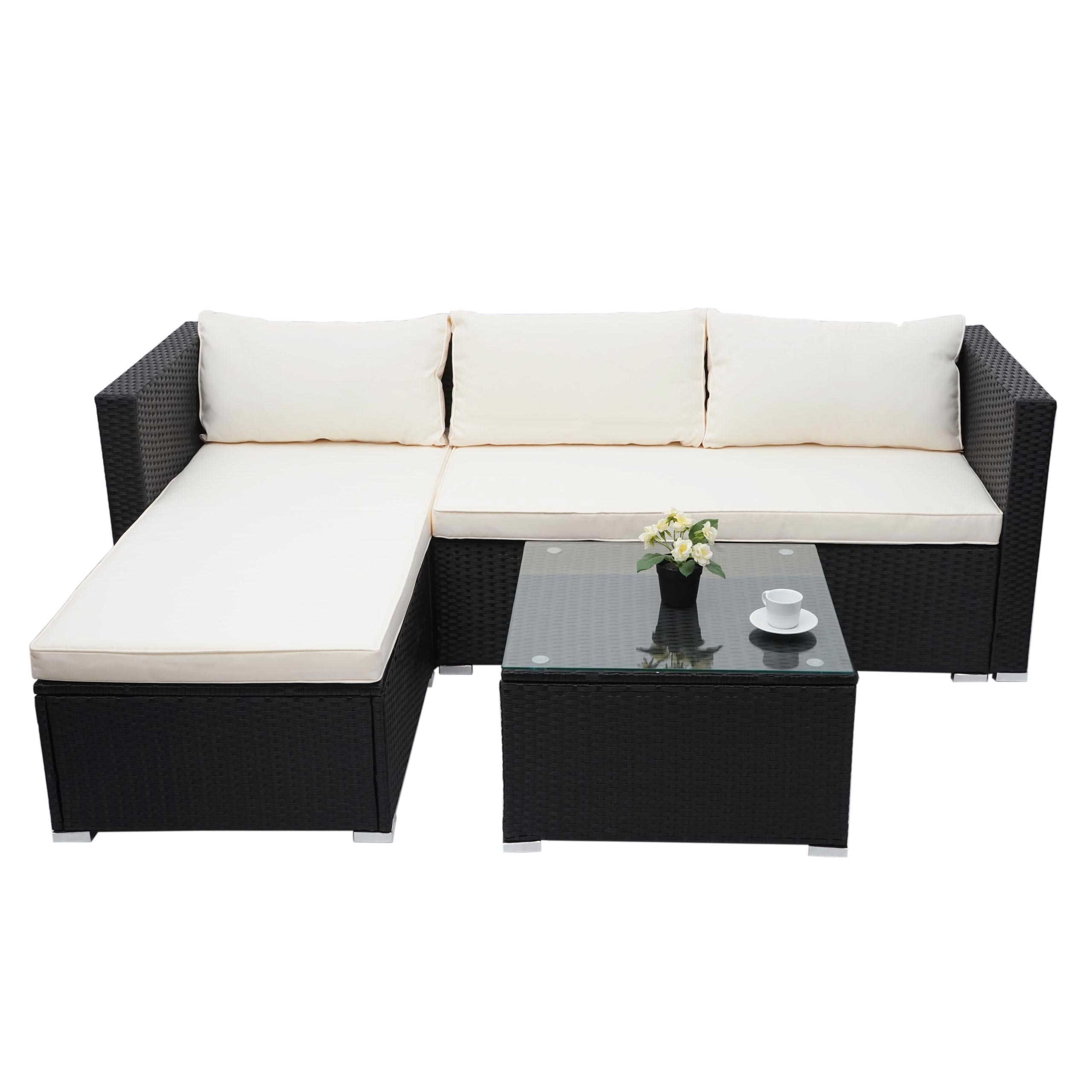 Poly-Rattan Garnitur HWC-F57, Balkon-/Garten-/Lounge-Set Sofa Sitzgruppe ~ schwarz, Kissen creme ohne Deko-Kissen Image