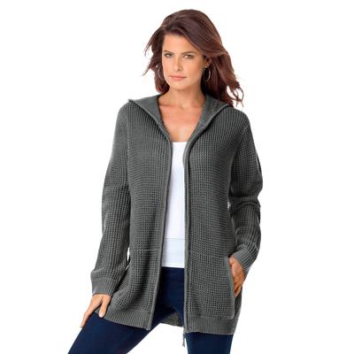 Plus Size Women's Waffle Classic Length Zip Hoodie by Roaman's in Medium Heather Grey (Size 5X) Zip Up Sweater