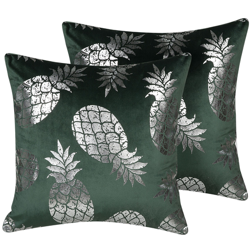 Dekokissen 2er Set Grün/Silber Polsterbezug aus Samtstoff Ananas-Motiv 45 x 45 cm Wohnzimmer Salon Schlafzimmer