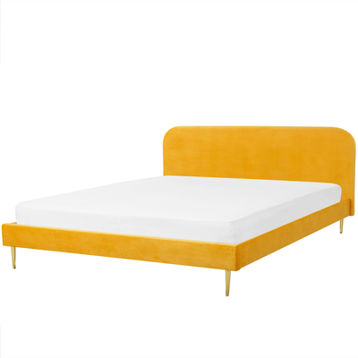 Bett Gelb Samtstoff mit Lattenrost 180 x 200 cm Metallfüße Gold hohes Kopfteil Retro Glamourös Polsterbett Doppelbett Sc