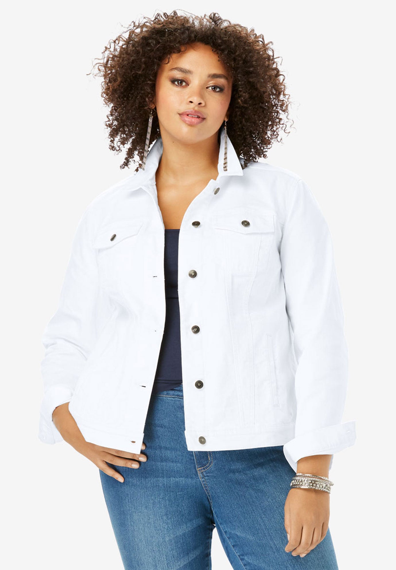 Plus Size Women's Plus Size Classic Stretch Denim Jacket by Roaman's in White (Size 14 W)