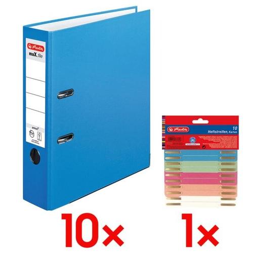 10x Ordner »maX.file protect« breit inkl. 10er-Pack Heftstreifen »Recycling« blau, Herlitz, 8×31.8×28.5 cm