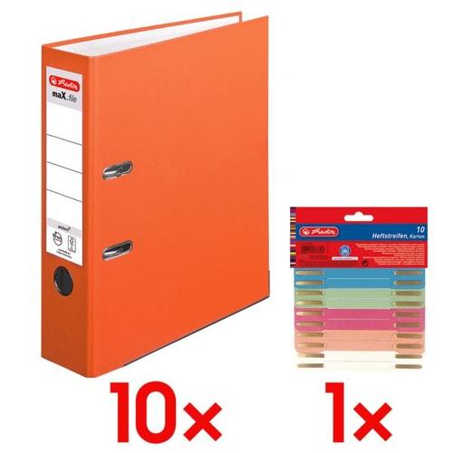 10x Ordner »maX.file protect« breit inkl. 10er-Pack Heftstreifen »Recycling« orange, Herlitz, 8×31.8×28.5 cm
