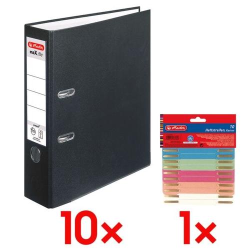 10x Ordner »maX.file protect« breit inkl. 10er-Pack Heftstreifen »Recycling« schwarz, Herlitz, 8×31.8×28.5 cm