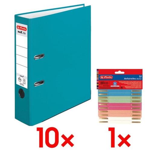 10x Ordner »maX.file protect« breit inkl. 10er-Pack Heftstreifen »Recycling« türkis, Herlitz, 8×31.8×28.5 cm