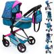 Bayer Design 18409AA Stroller, Doll Combi Pram Neo Vario with Changing Bag and Underneath Shopping Basket, Foldable, Swivel Front Wheels, Blue, Pink, Fairy with Pattern