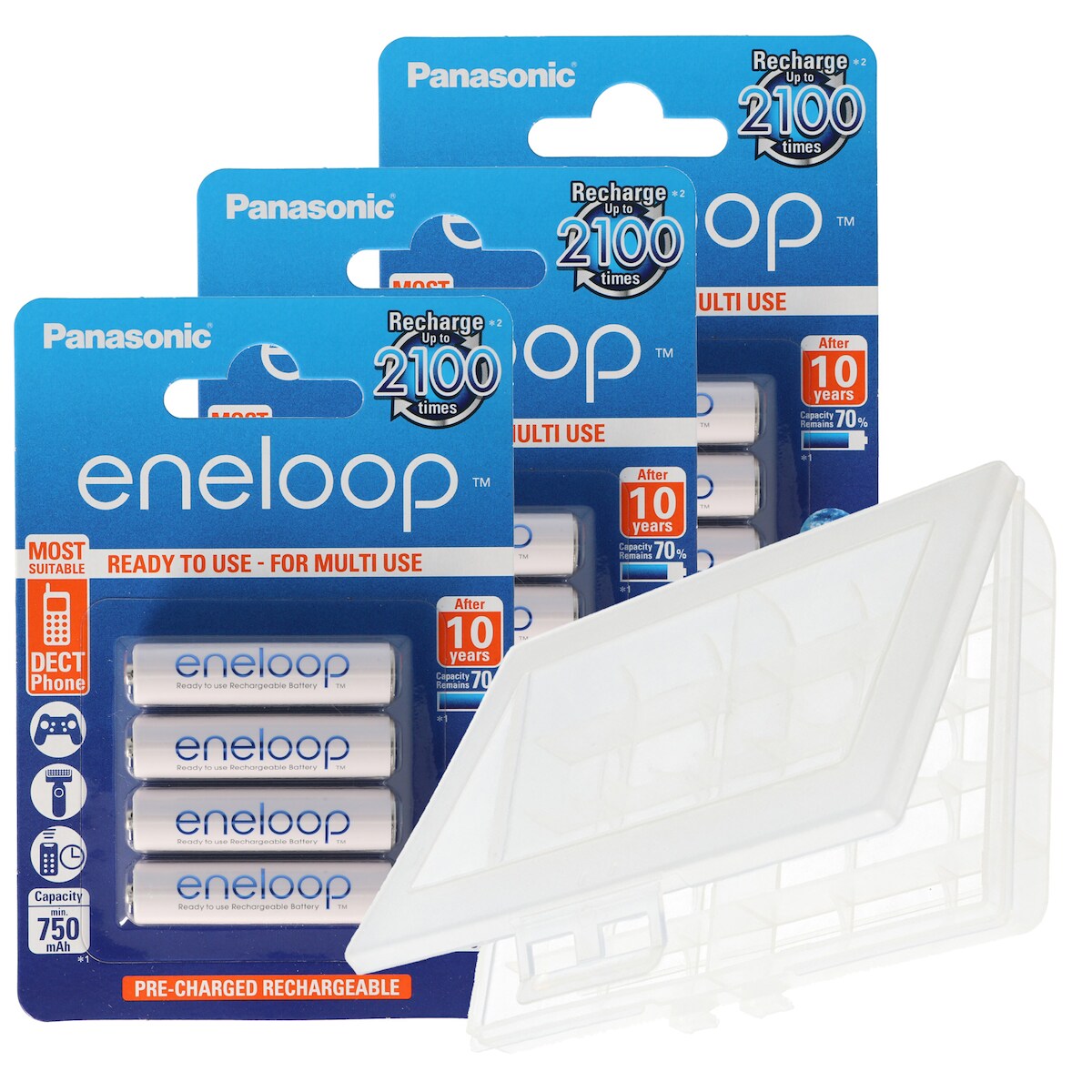 12er Panasonic eneloop Standard AAA, Micro Akkus, neueste Generation, max. 800mAh, 2100 Ladezyklen mit AccuCell BOX10 AKTION 10+2 ! Image