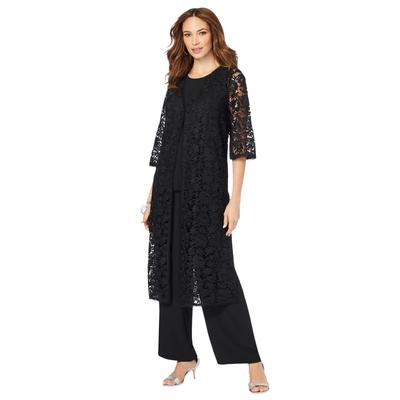 Plus Size Women's Three-Piece Lace Duster & Pant Suit by Roaman's in Black (Size 36 W) Duster, Tank, Formal Evening Wide Leg Trousers