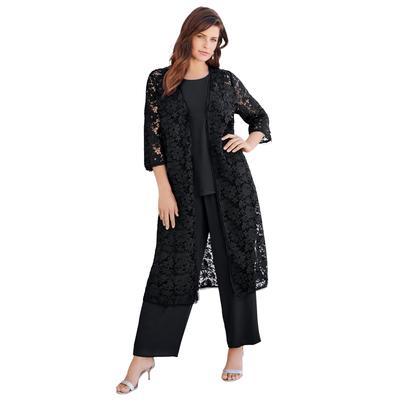 Plus Size Women's Three-Piece Lace Duster & Pant Suit by Roaman's in Black (Size 36 W) Duster, Tank, Formal Evening Wide Leg Trousers