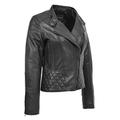 Trendy Black Leather Biker Jacket for Women Quilted Fitted Band Collar - Penny (16)