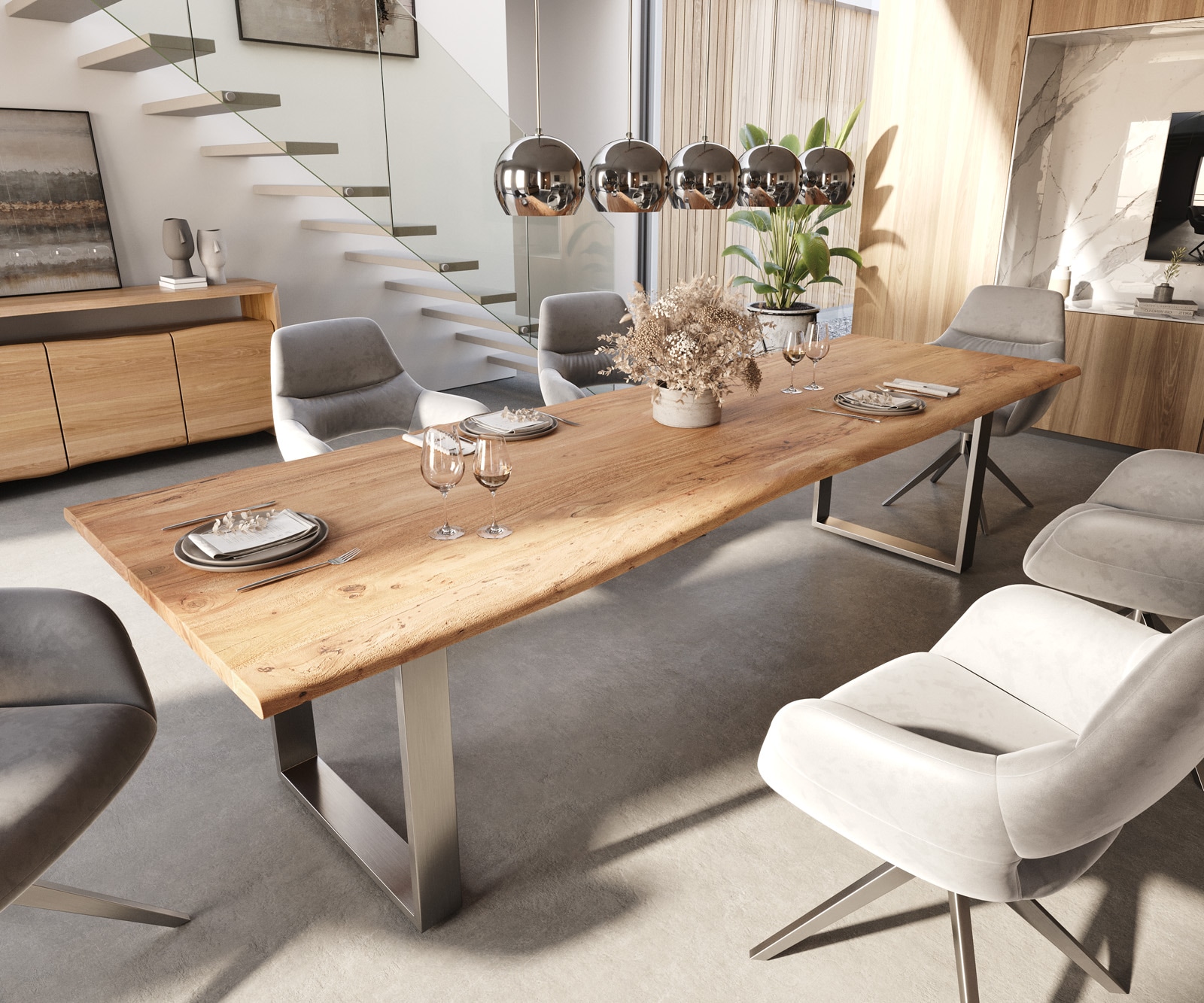 DELIFE Esstisch Edge 300x100 Akazie Natur Edelstahl Schmal Live-Edge, Esstische, Baumkantenmöbel, Massivholzmöbel, Massivholz Image