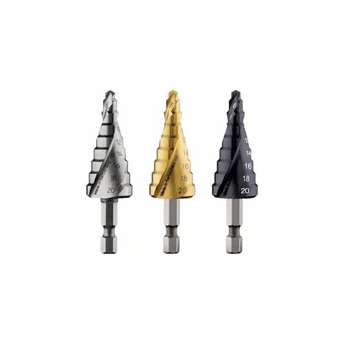 „Stufenbohrer HSS-TiN, 4 – 20 mm, 1/4″“, 70,5 mm, 9 Stufen“