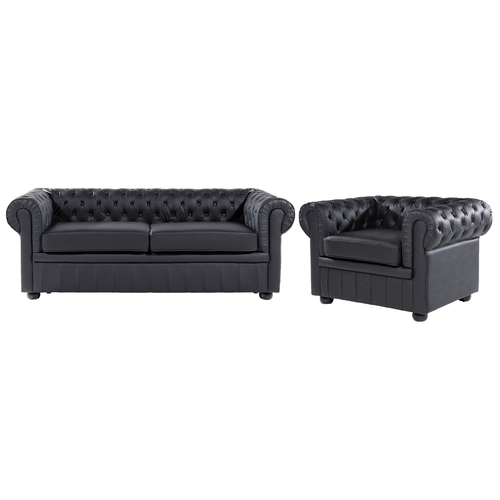 Sofa und Sessel Schwarz Echtleder 4-Sitzer Set Chesterfield Stil Glamourös Wohnzimmer