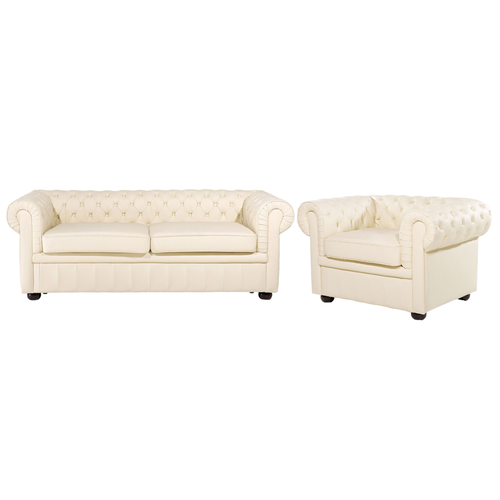 Sofa und Sessel Creme Echtleder 4-Sitzer Set Chesterfield Stil Glamourös Wohnzimmer