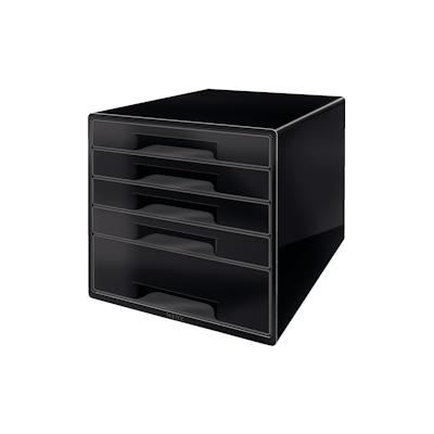 LEITZ Schubladenbox WOW Cube 5 geschlossene Schubladen, 1 hohe, 4 flache, weiß/schwarz, mit Auszugstopp, Schubladeneinsa