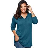 Plus Size Women's Fine Gauge Drop Needle Henley Sweater by Roaman's in Ocean Teal (Size 1X)