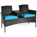 Costway Modern Patio Conversation Set with Built-in Coffee Table and Cushions -Turquoise